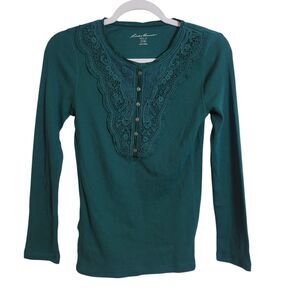 Eddie Bauer Lace Embellished Thermal Henley Women's P XS Green Holiday Christmas